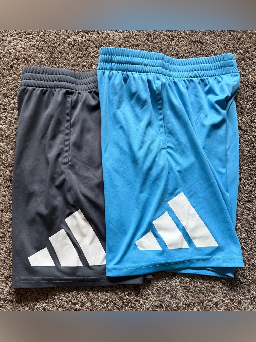 2 pairs Adidas Youth Shorts in Blue and Gray with White Logo Size 10/12